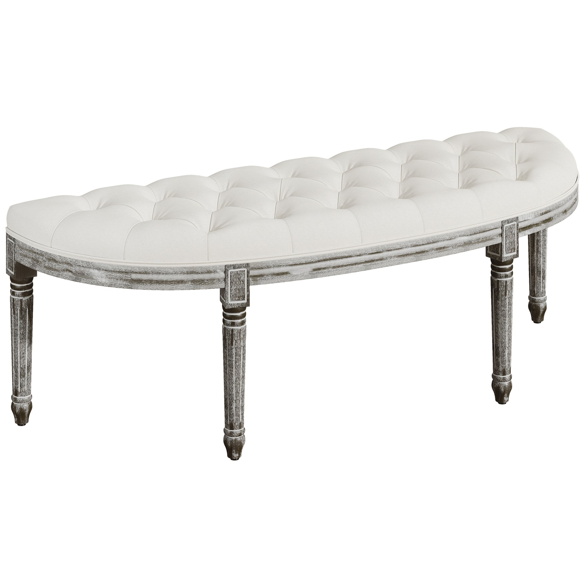 HOMCOM Half-Circle End Bench Ottoman Footstool Tufting Padded Seat Brushed Wood Base Antique Accents Home Seat Furniture Cream White and Light Wood Grain Leg